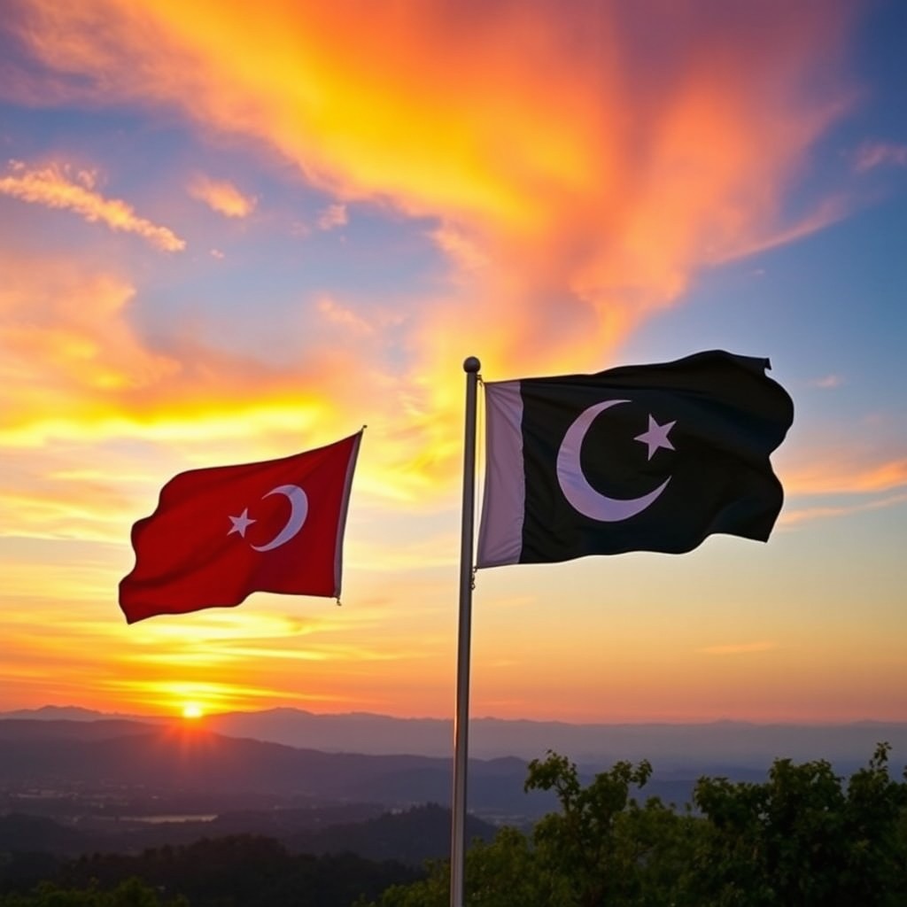 A beautiful landscape at sunset featuring the flags of Turkey and Pakistan waving gracefully in the foreground