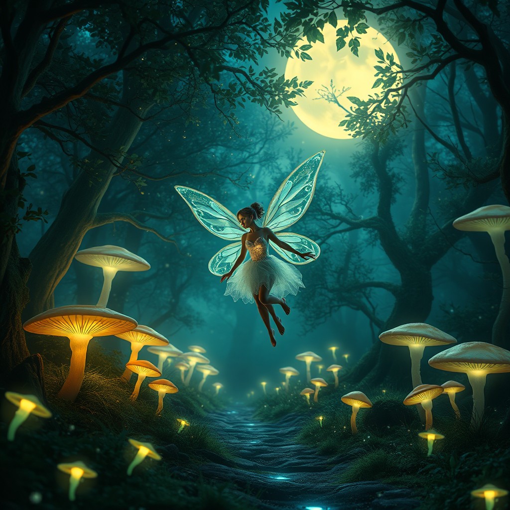 A mystical fairy with translucent, shimmering wings and a glowing attire gracefully floats through a moonlit fantasy forest