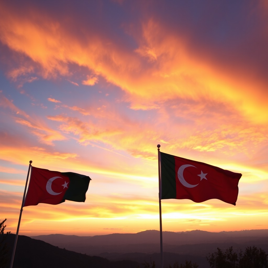 A beautiful sunset landscape with vibrant colors in the sky, showcasing the flags of Turkey and Pakistan proudly waving in the gentle breeze