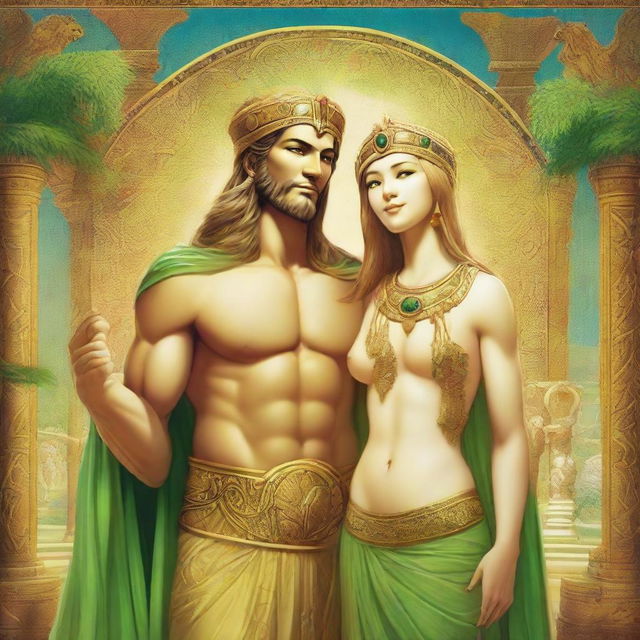 Visualize a vivid scene depicting the mythological figures Gilgamesh as a woman, and Enkidu as a man. Both are smiling and marveling at a beautiful sight.