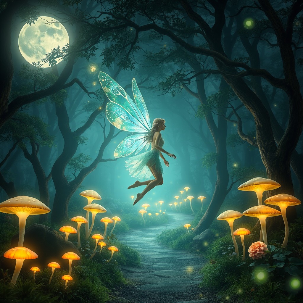 A mystical fairy with translucent, glimmering wings and a glowing attire floats gracefully through a moonlit fantasy forest