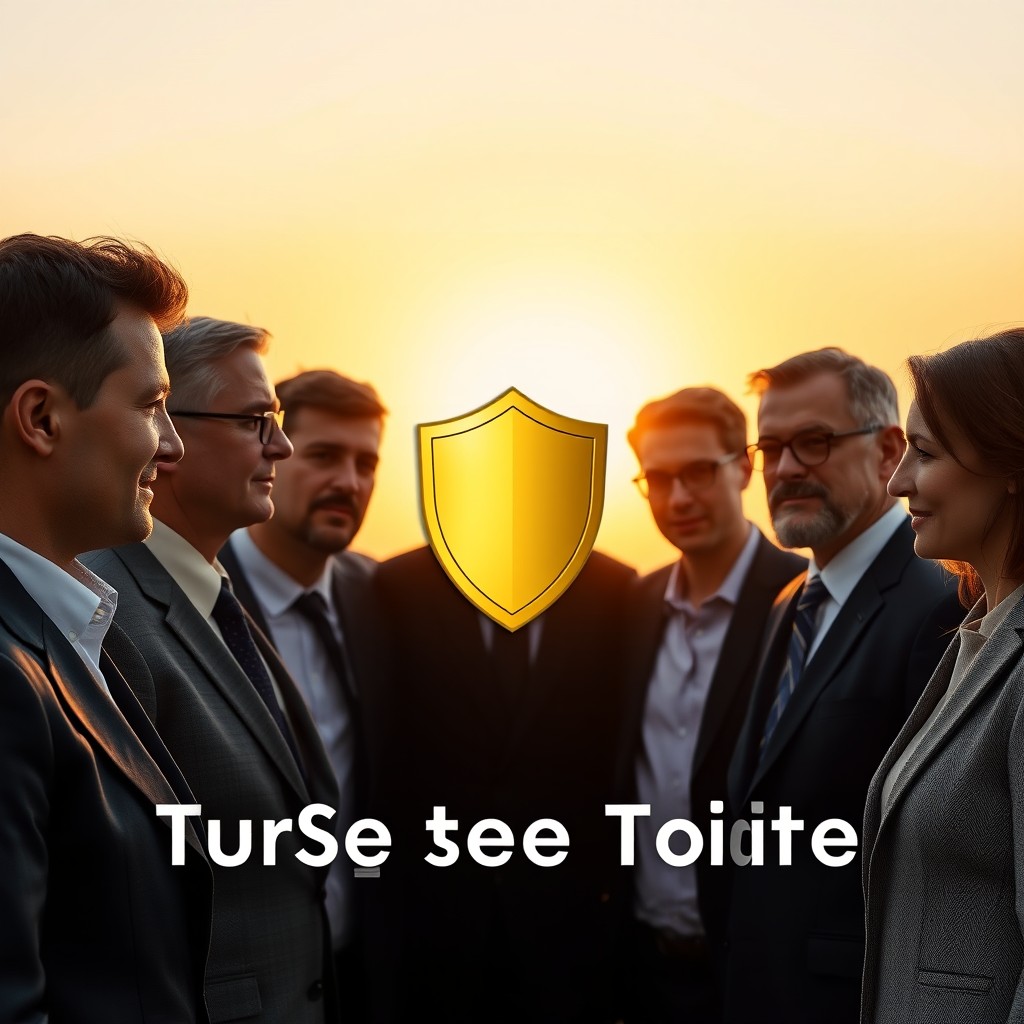 A realistic thumbnail for a YouTube video with a landscape aspect ratio of 16:9, featuring a group of business leaders in professional attire gathered together against a bright sunset background