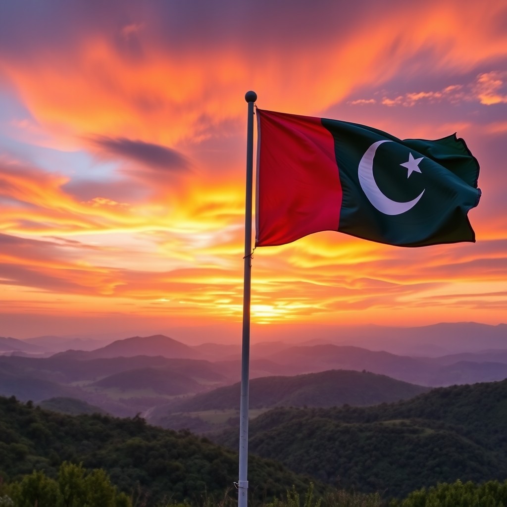 A stunning landscape at sunset with vibrant colors in the sky, featuring the Turkish flag and the Pakistani flag prominently waving in the foreground