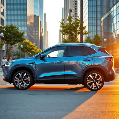 A modern electric SUV parked in an urban environment, showcasing its sleek lines and aerodynamic design