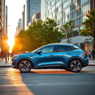 A modern electric SUV parked in an urban environment, showcasing its sleek lines and aerodynamic design