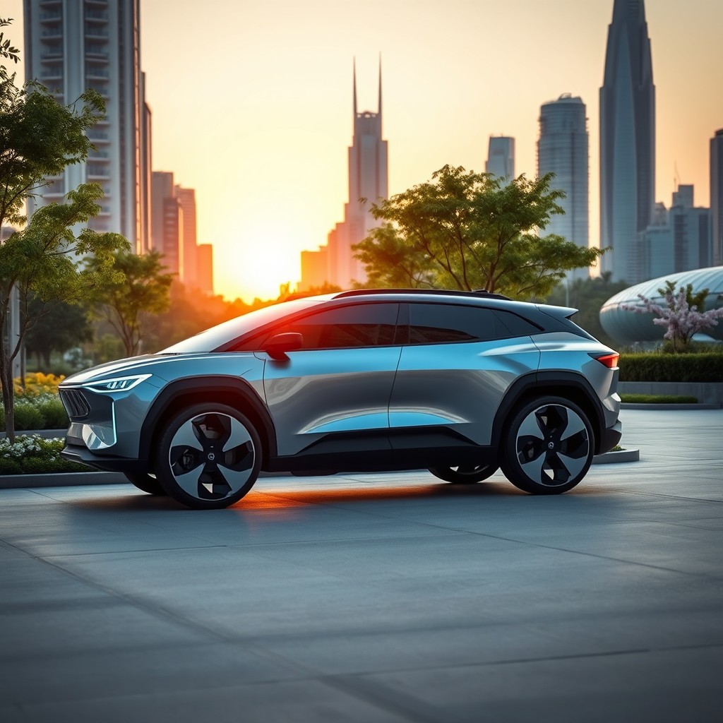 A futuristic electric SUV parked in a sleek, modern urban environment