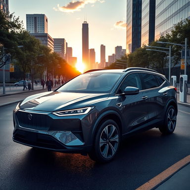 A sleek and modern electric SUV parked in an urban setting with an open cityscape in the background
