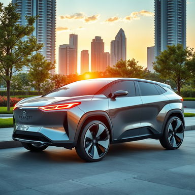A futuristic electric SUV parked in a sleek, modern urban environment