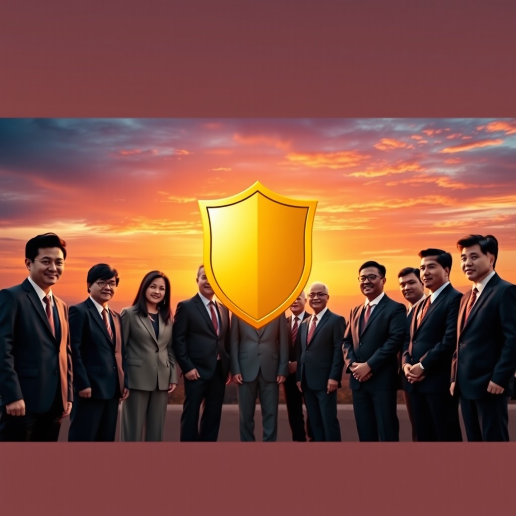 A realistic thumbnail for a YouTube video with a landscape aspect ratio of 16:9, featuring a group of Indonesian business leaders in professional attire gathered together