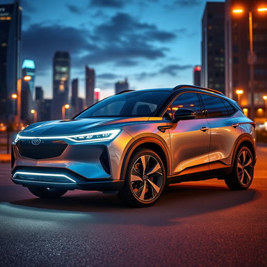 A sleek and modern electric SUV parked in an urban setting, featuring a futuristic design with smooth lines, a shiny metallic finish, and large alloy wheels