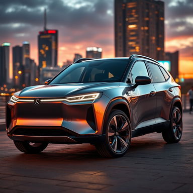 A sleek and modern electric SUV parked in an urban setting, featuring a futuristic design with smooth lines, a shiny metallic finish, and large alloy wheels