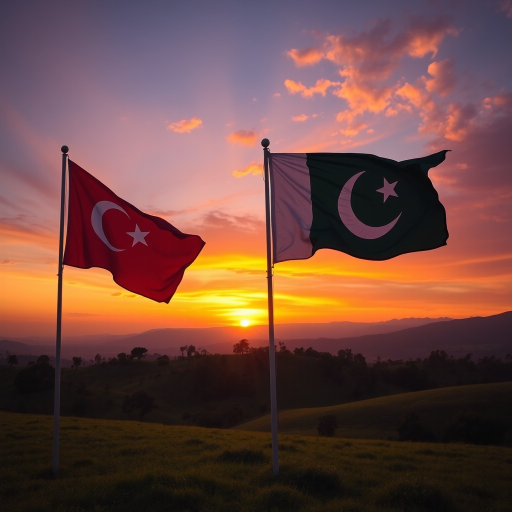 A stunning landscape at sunset featuring the Turkish and Pakistani flags waving gracefully in the gentle breeze