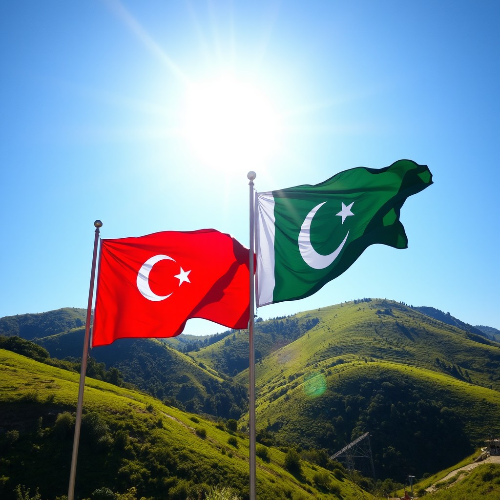 A beautiful landscape featuring the Turkish and Pakistani flags proudly waving in the wind