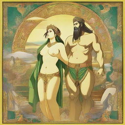 Visualize a vivid scene depicting the mythological figures Gilgamesh as a woman, and Enkidu as a man. Both are smiling and marveling at a beautiful sight.