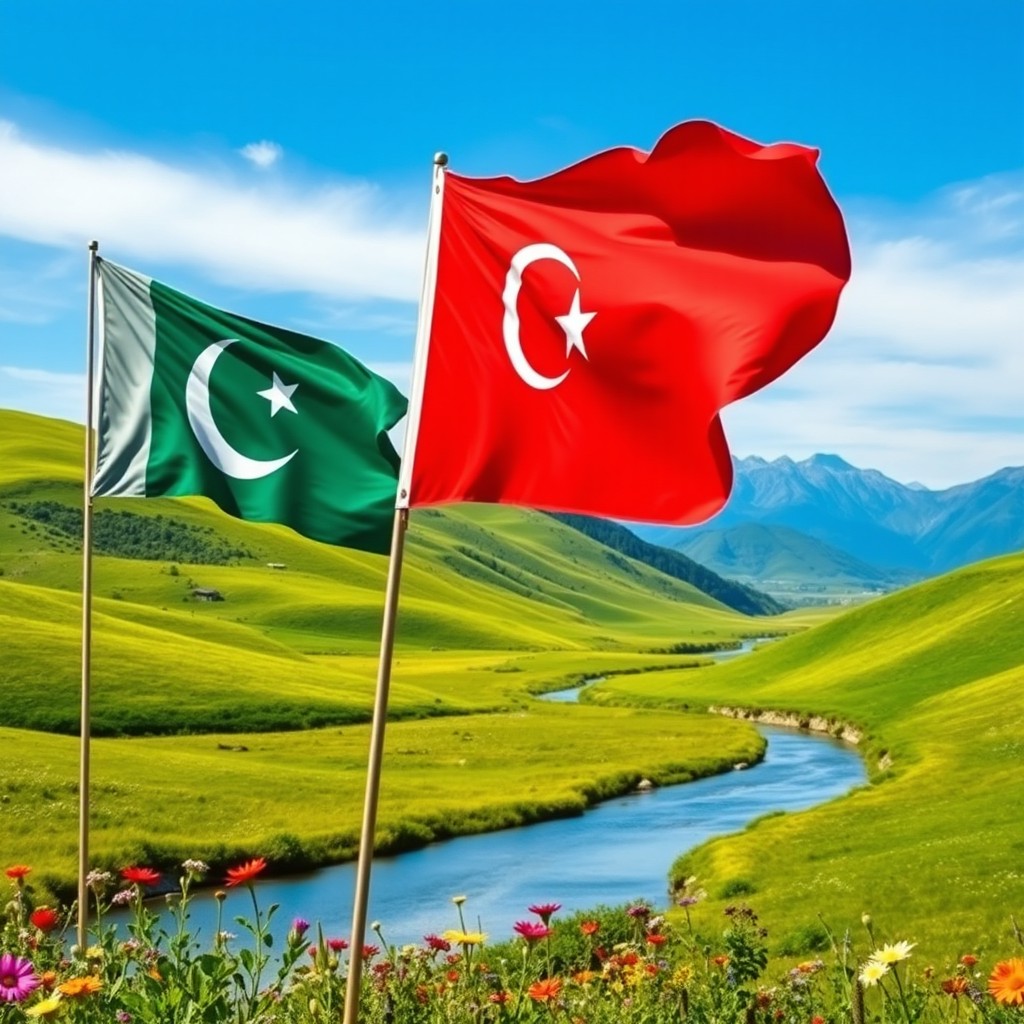 A beautiful landscape featuring lush green rolling hills under a clear blue sky, with the Turkish flag and the Pakistani flag waving gracefully in the breeze