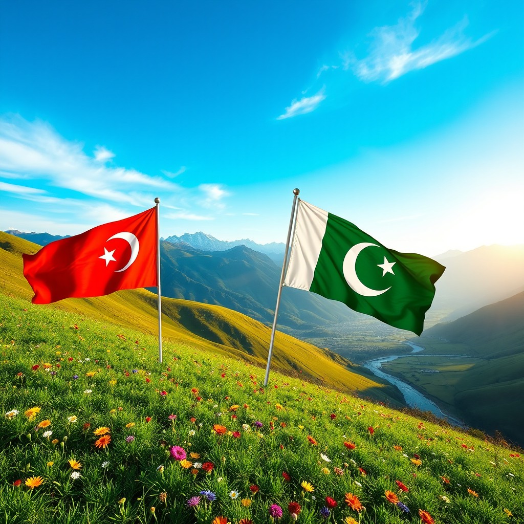 A beautiful landscape featuring the Turkish and Pakistani flags gracefully waving in the breeze against a vibrant blue sky