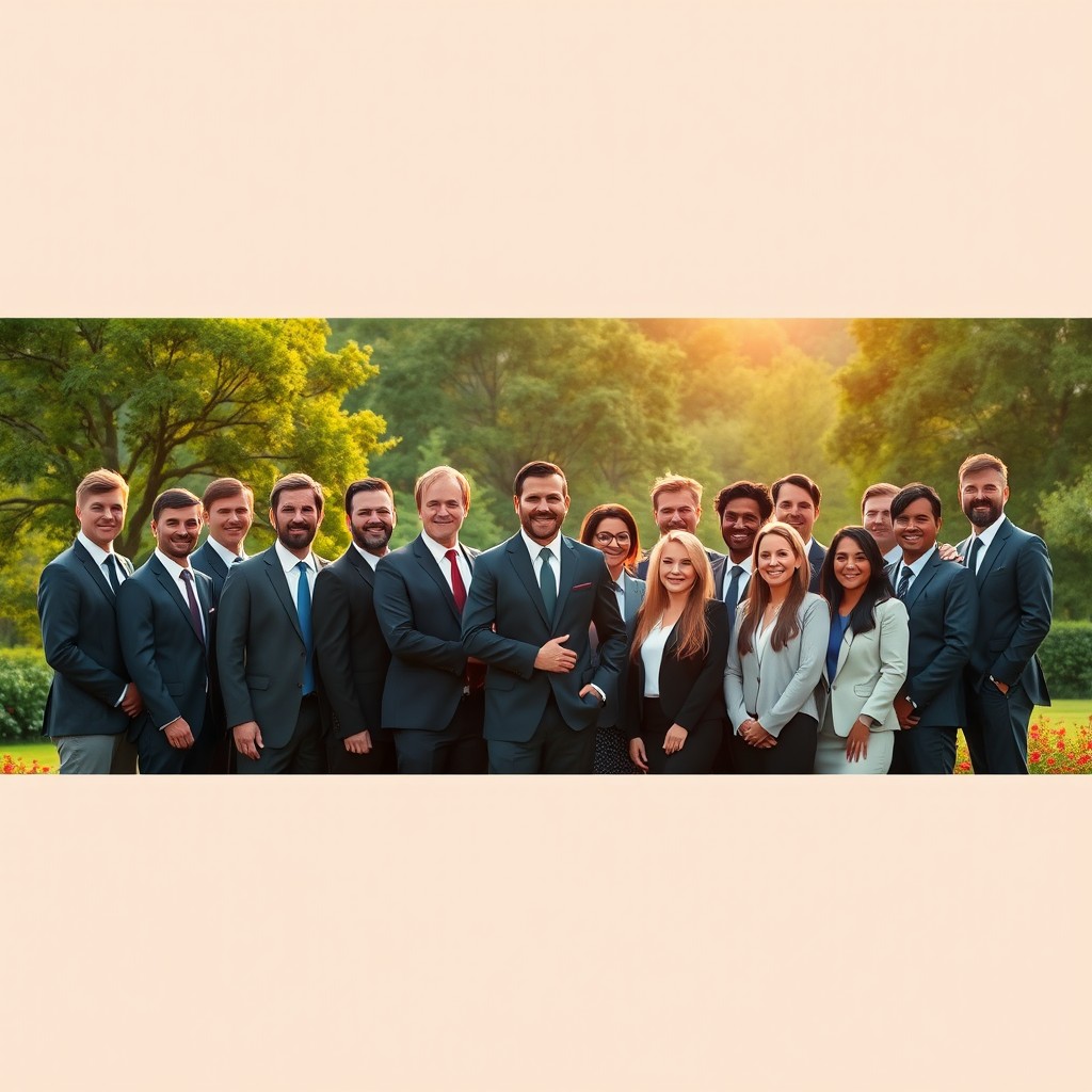 A realistic thumbnail for a YouTube video with a landscape aspect ratio of 16:9, featuring a diverse group of 25 good-looking business leaders in professional attire, gathered together in a dynamic composition