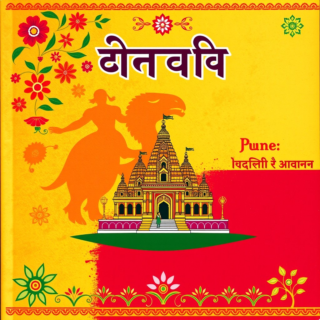 A vibrant and colorful cover page for a Marathi project, featuring traditional Marathi cultural elements like a Warli art background, floral motifs, and a decorative border
