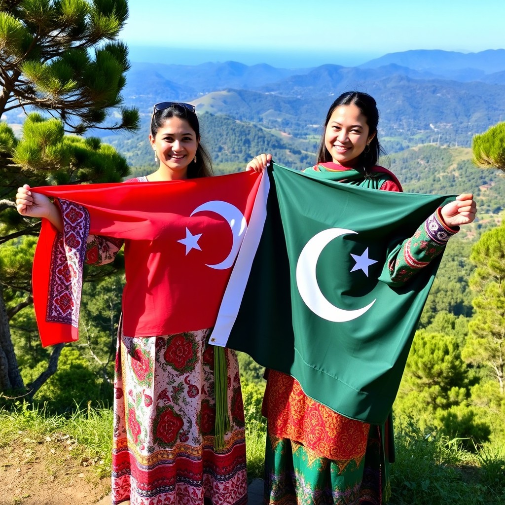 Two women standing proudly in a lush, vibrant landscape, each holding a flag; one woman displays the Turkish flag while the other holds the Pakistani flag