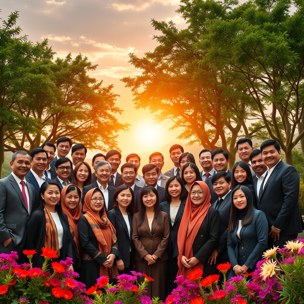 A realistic thumbnail for a YouTube video with a landscape aspect ratio of 16:9, featuring a diverse group of 25 good-looking Indonesian business leaders in professional attire, gathered in an engaging composition
