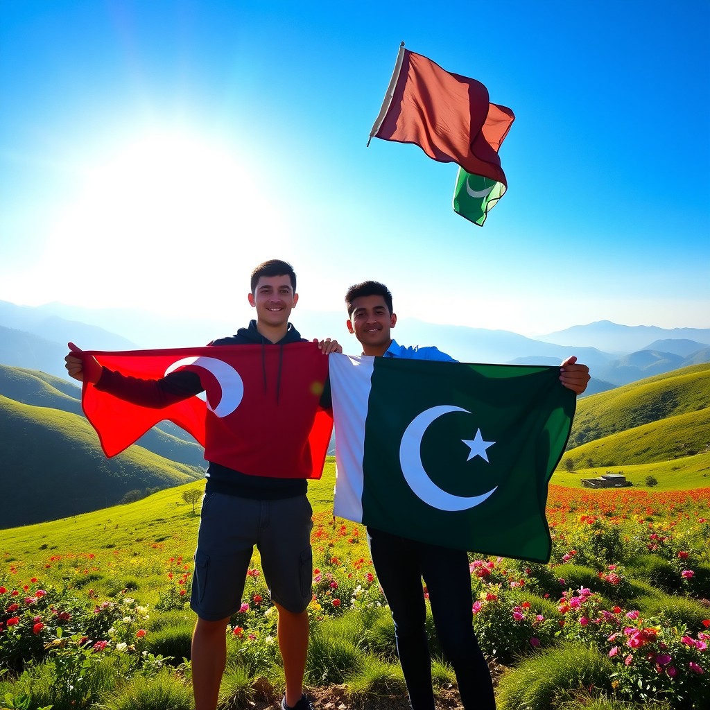 Two young men proudly holding Turkish and Pakistani flags, standing together in a stunning landscape filled with lush green hills and vibrant flowers under a bright blue sky