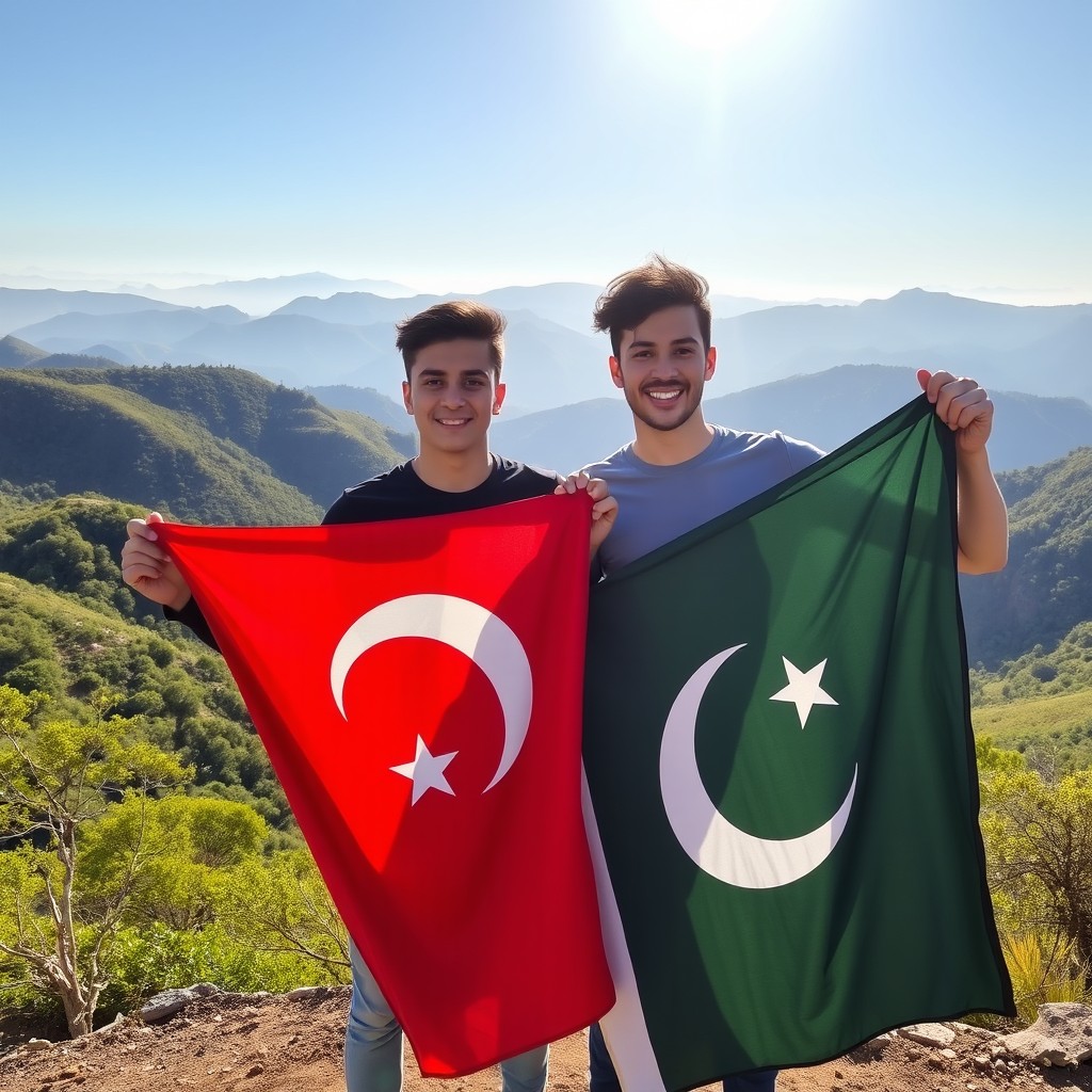 Two young men standing together, each proudly holding a Turkish flag and a Pakistani flag in their hands, against a stunning natural landscape that features rolling hills and a clear blue sky