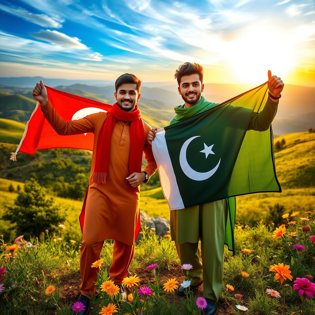 Two young men proudly holding the Turkish and Pakistani flags, standing in a beautiful, picturesque landscape featuring rolling hills and a vibrant blue sky