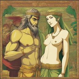 Visualize a vivid scene depicting the mythological figures Gilgamesh as a woman, and Enkidu as a man. Both are smiling and marveling at a beautiful sight.