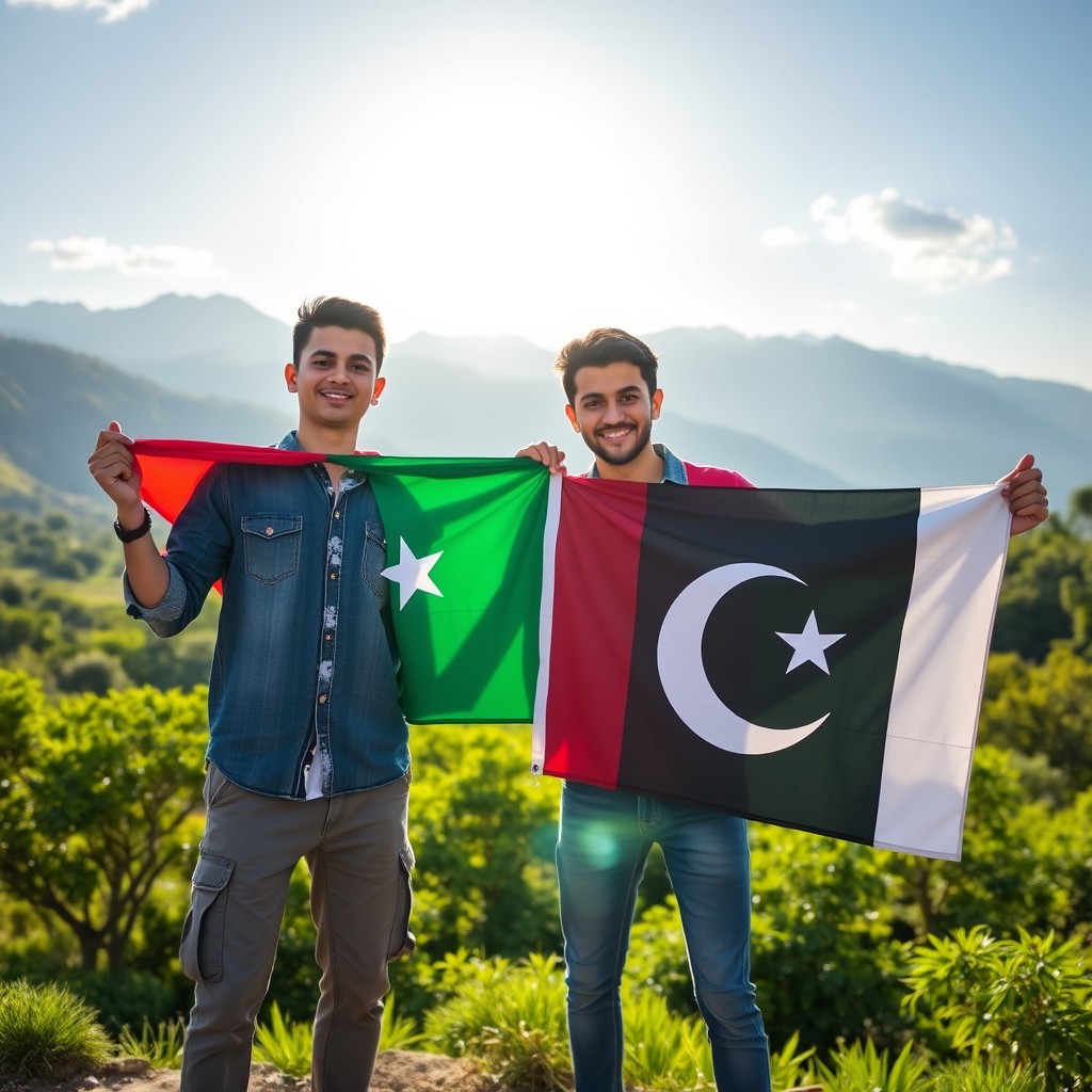 Two young men proudly holding the Turkish and Pakistani flags in a vibrant landscape filled with lush greenery and majestic mountains in the background