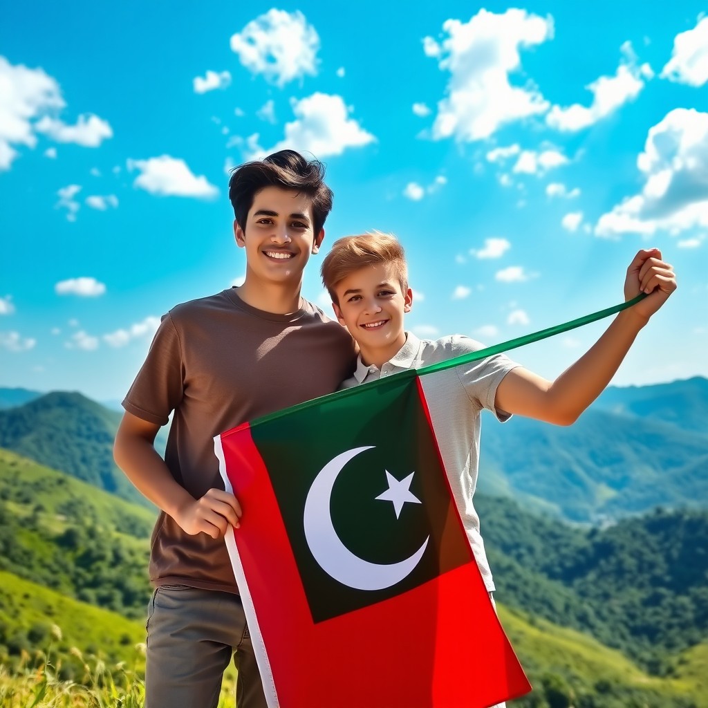 Two young men joyfully holding the Turkish and Pakistani flags, standing together in a picturesque landscape