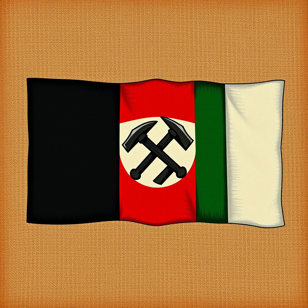 A detailed illustration of the Fascist Italy flag, which features the colors black, white, and red, with a prominent fasces (a bundle of rods and an axe) in the center