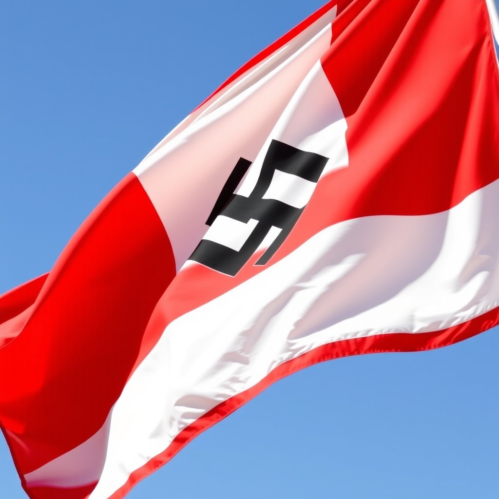 A vibrant depiction of the historical National Fascist Party flag of Italy, featuring the iconic black fasces symbol centered on a bright red background, with bold white horizontal stripes at the top and bottom