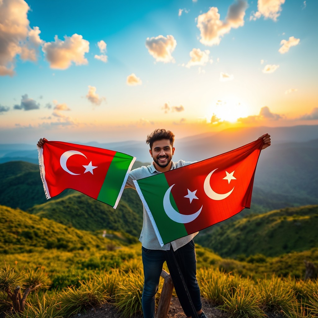 Two young men proudly holding Turkish and Pakistani flags, standing amidst a vibrant and stunning natural landscape