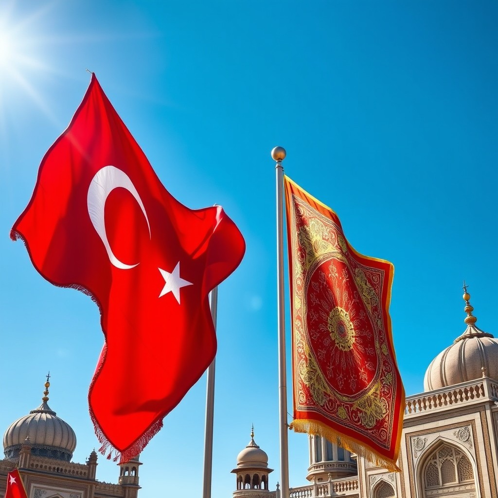 A vibrant depiction of the flags of the Ottoman Empire and the Mughal Empire waving in the wind, each embroidered in rich detail