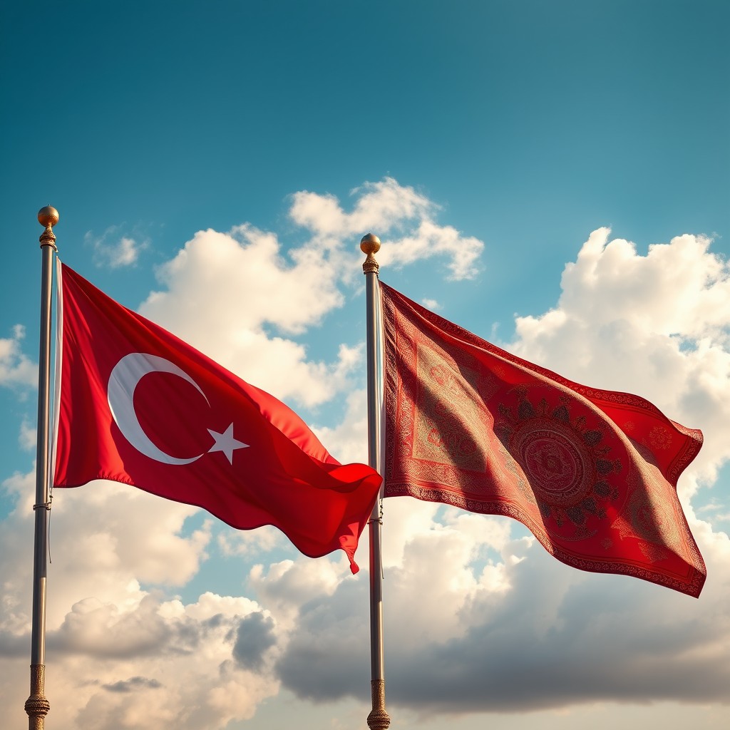 A vivid depiction of the flags of the Ottoman Empire and the Mughal Empire waving elegantly in the wind