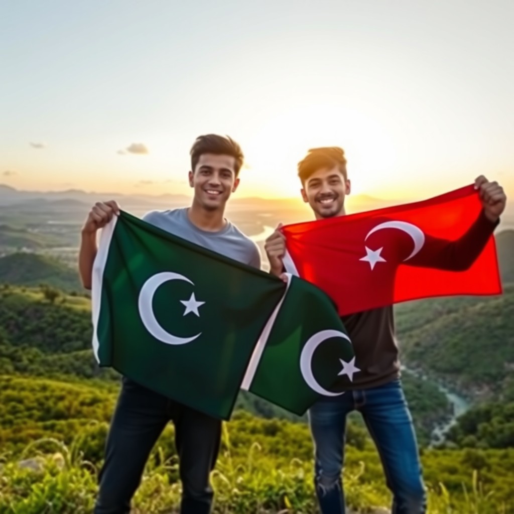 Two young men joyfully holding the Turkish and Pakistani flags against a breathtaking landscape of rolling hills and vibrant greenery