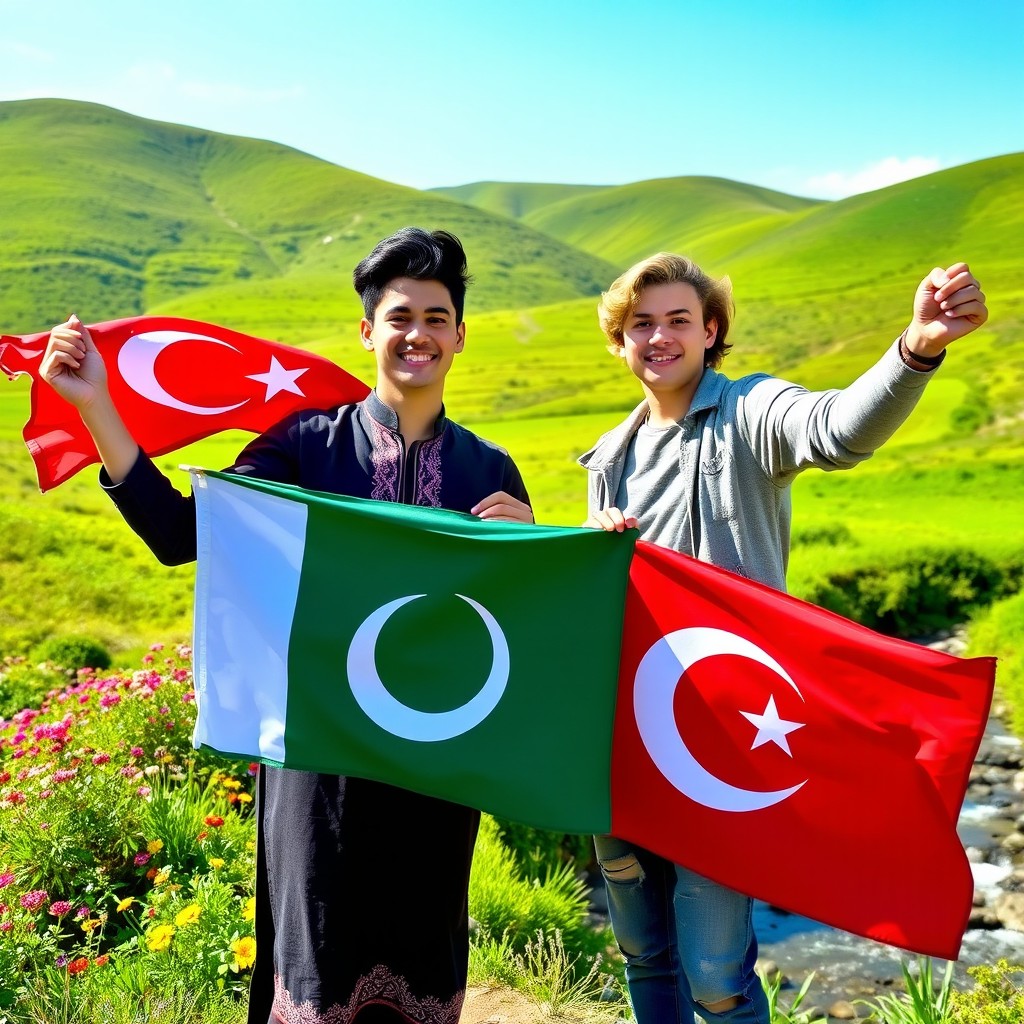 Two young men joyfully holding Turkish and Pakistani flags, standing in a picturesque landscape that showcases rolling green hills and a clear blue sky