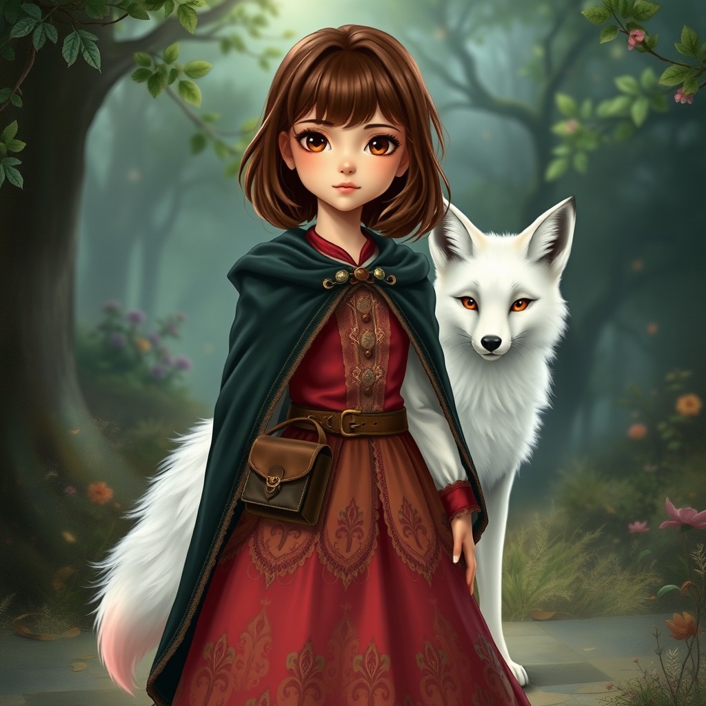 In a spellbinding style, a young girl with enchanting brown shoulder-length hair and bright brown eyes stands gracefully