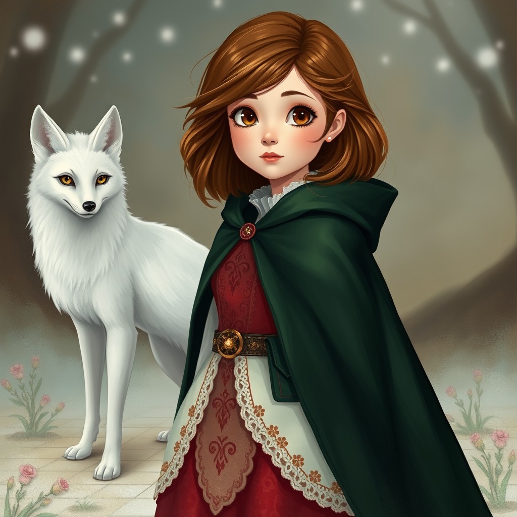 In a spellbinding style, a young girl with enchanting brown shoulder-length hair and bright brown eyes stands gracefully