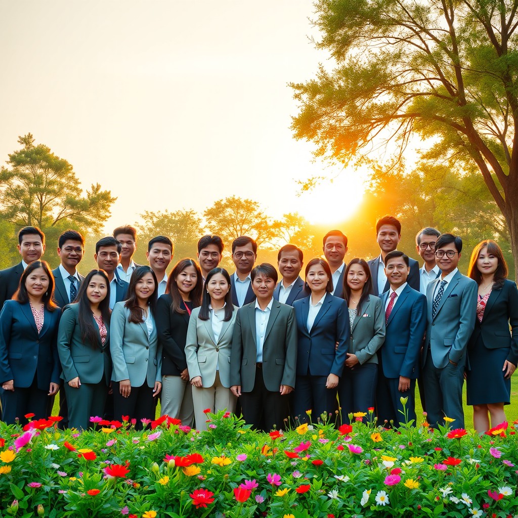 A realistic thumbnail for a YouTube video with a landscape aspect ratio of 16:9, featuring a diverse group of 25 good-looking Indonesian business leaders in professional attire