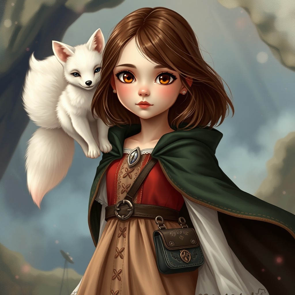 In a spellbinding style, a young girl with beautiful brown shoulder-length hair and sparkling brown eyes stands enchantingly