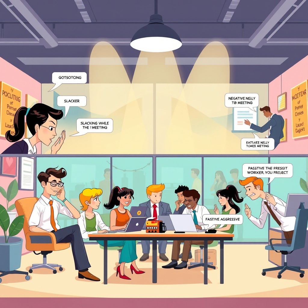 A visually striking illustration depicting different types of workplace saboteurs in a dynamic office setting