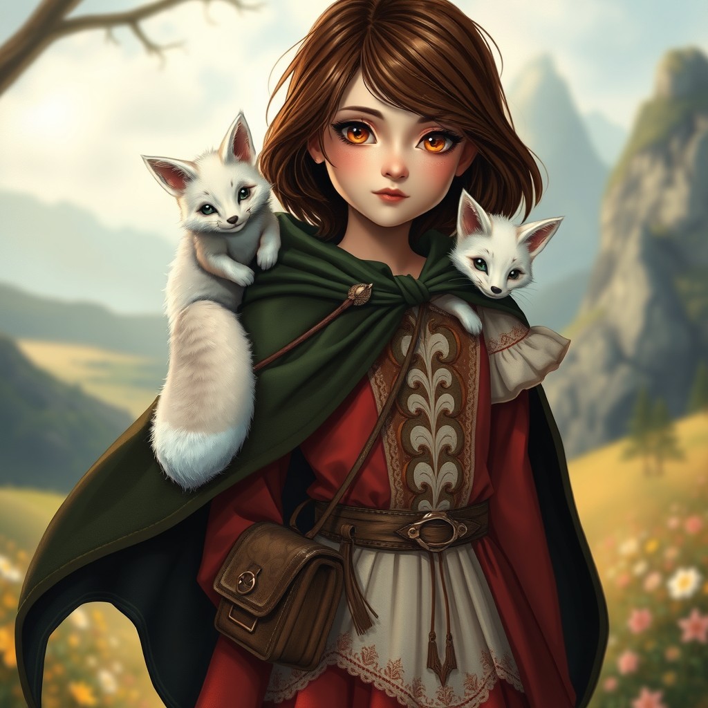 In a spellbinding style, a young girl with beautiful brown shoulder-length hair and sparkling brown eyes stands with an air of enchantment