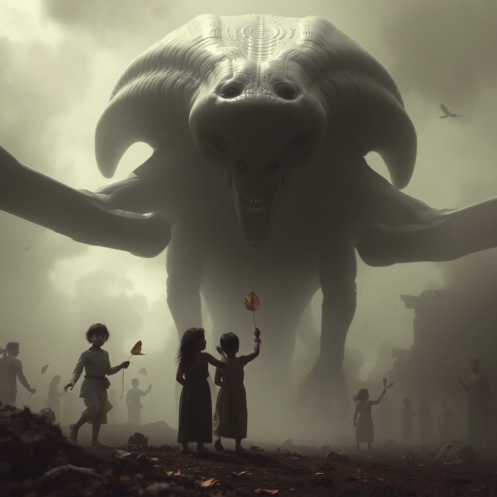 Cinematic concept art depicting an ancient alien arrival with children offering ritual leaves