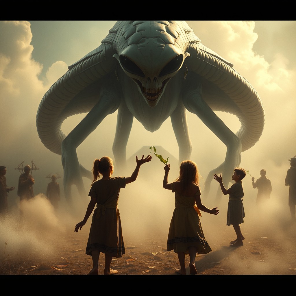 Cinematic concept art depicting an ancient alien arrival scene with desaturated tones