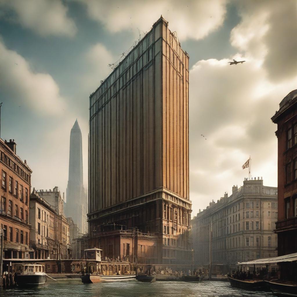 A titanic architectural structure soaring towards the sky, dwarfing surrounding buildings in an urban landscape