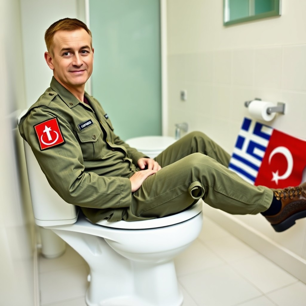 A soldier in a military uniform with a Turkish flag patch on his arm, sitting on a toilet that has a prominently displayed Greek flag design on the seat