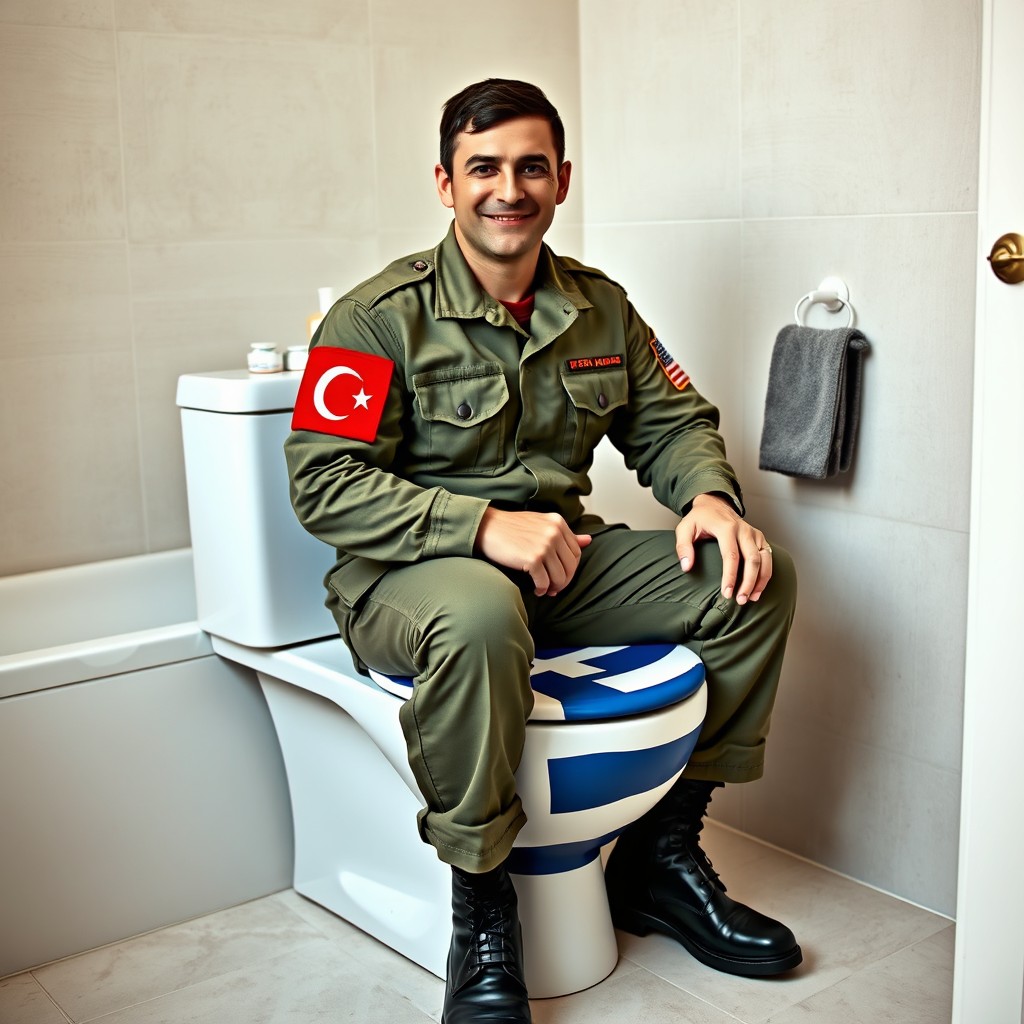 A Turkish soldier in full military uniform, featuring a prominent Turkish flag patch on his arm, is seated on a modern-style toilet