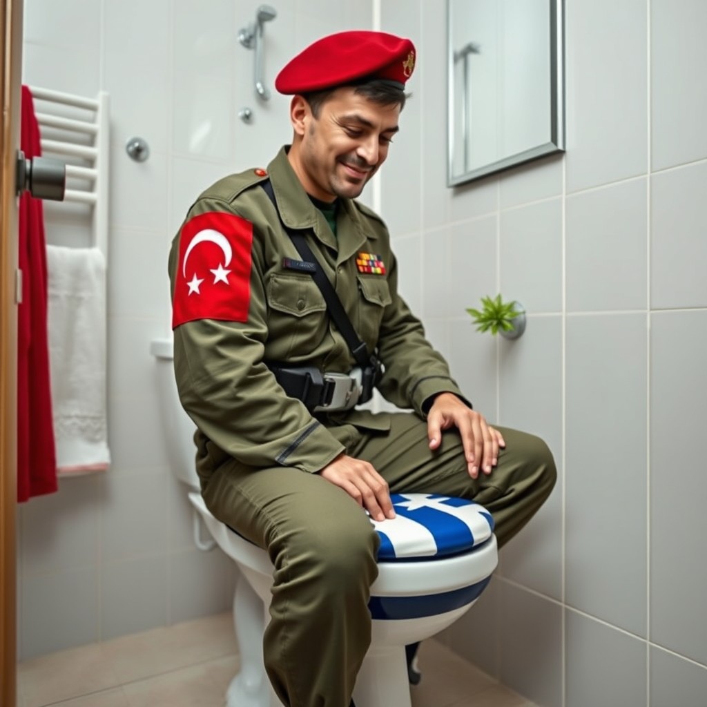 A Turkish soldier in full military uniform, prominently displaying a Turkish flag on his arm