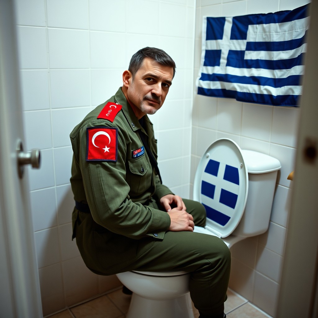 A Turkish soldier wearing a standard military uniform with a distinct Turkish flag patch on his arm, humorously taking a break while sitting on a toilet